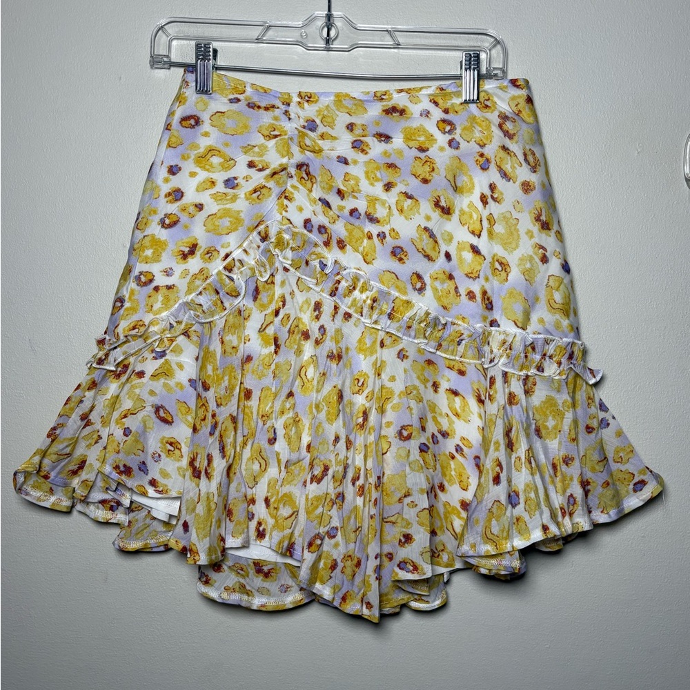 Indikah Women’s Spring Yellow Leopard Print Ruffle Mini Skirt Size M